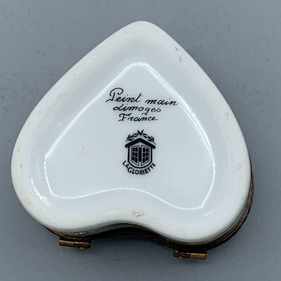 Heart Shape Limoges France Peint Main Hinged Trinket Box La Gloriette "you" "me" - Picture 2 of 10